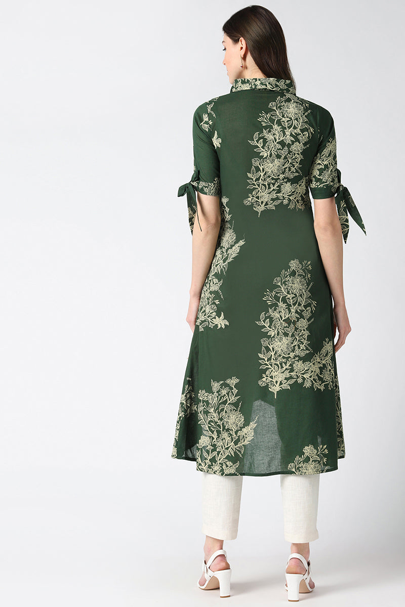 Cotton Green Floral Printed A Line Kurti VCK8411 | DesiQlo