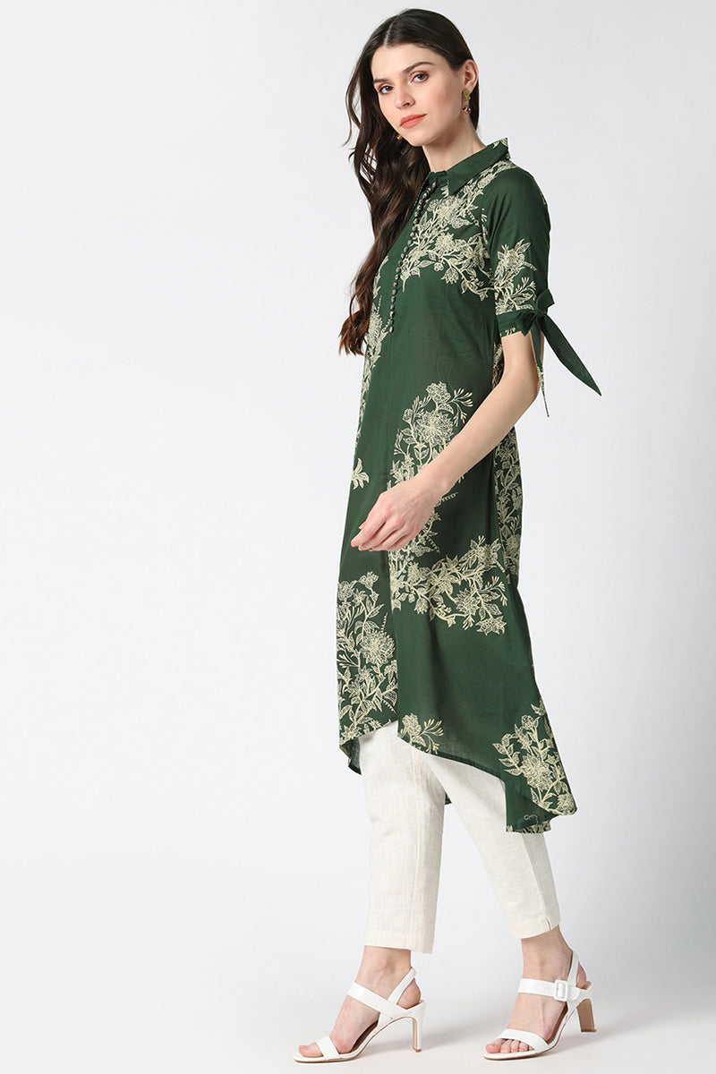 Cotton Green Floral Printed A Line Kurti VCK8411 | DesiQlo