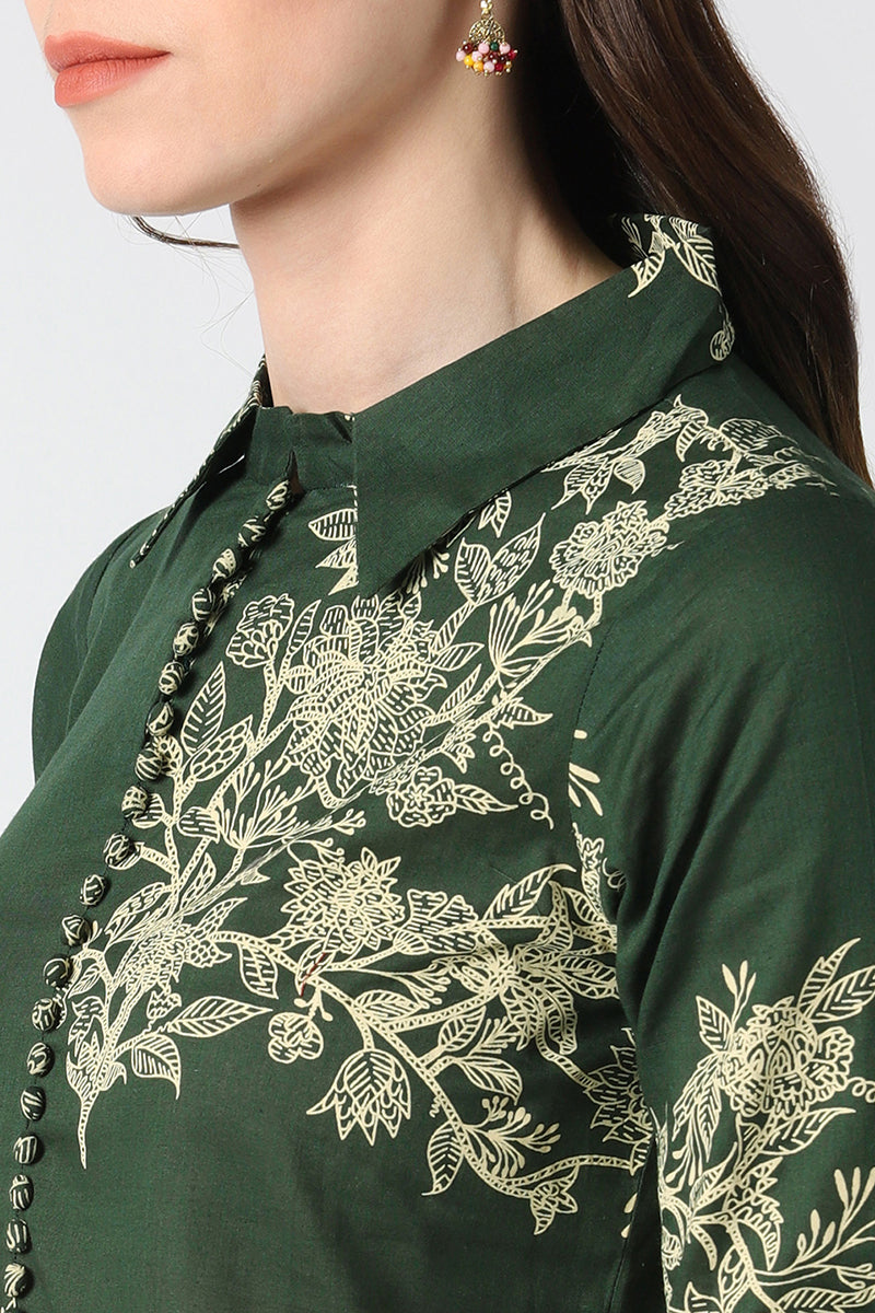 Cotton Green Floral Printed A Line Kurti VCK8411 | DesiQlo