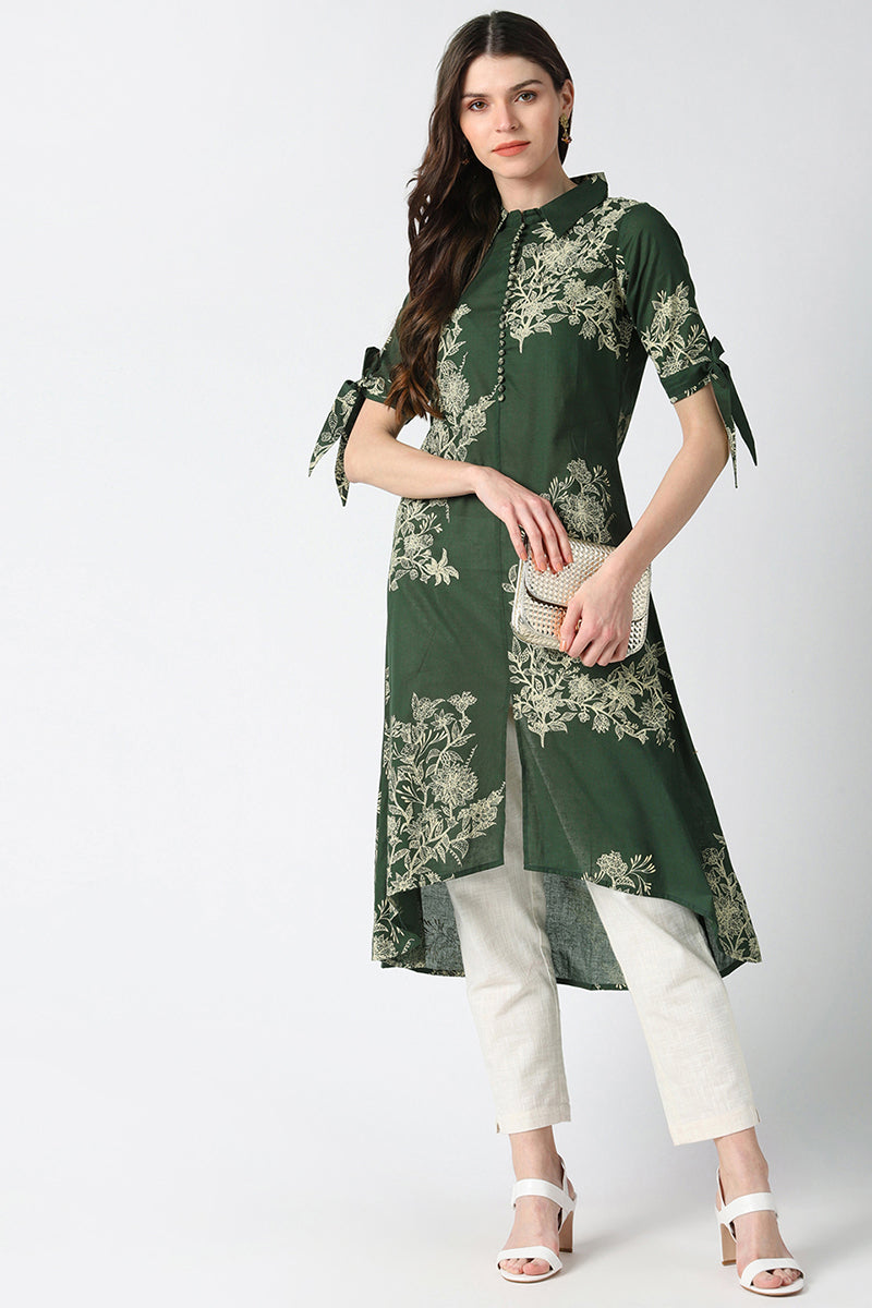 Cotton Green Floral Printed A Line Kurti VCK8411 | DesiQlo