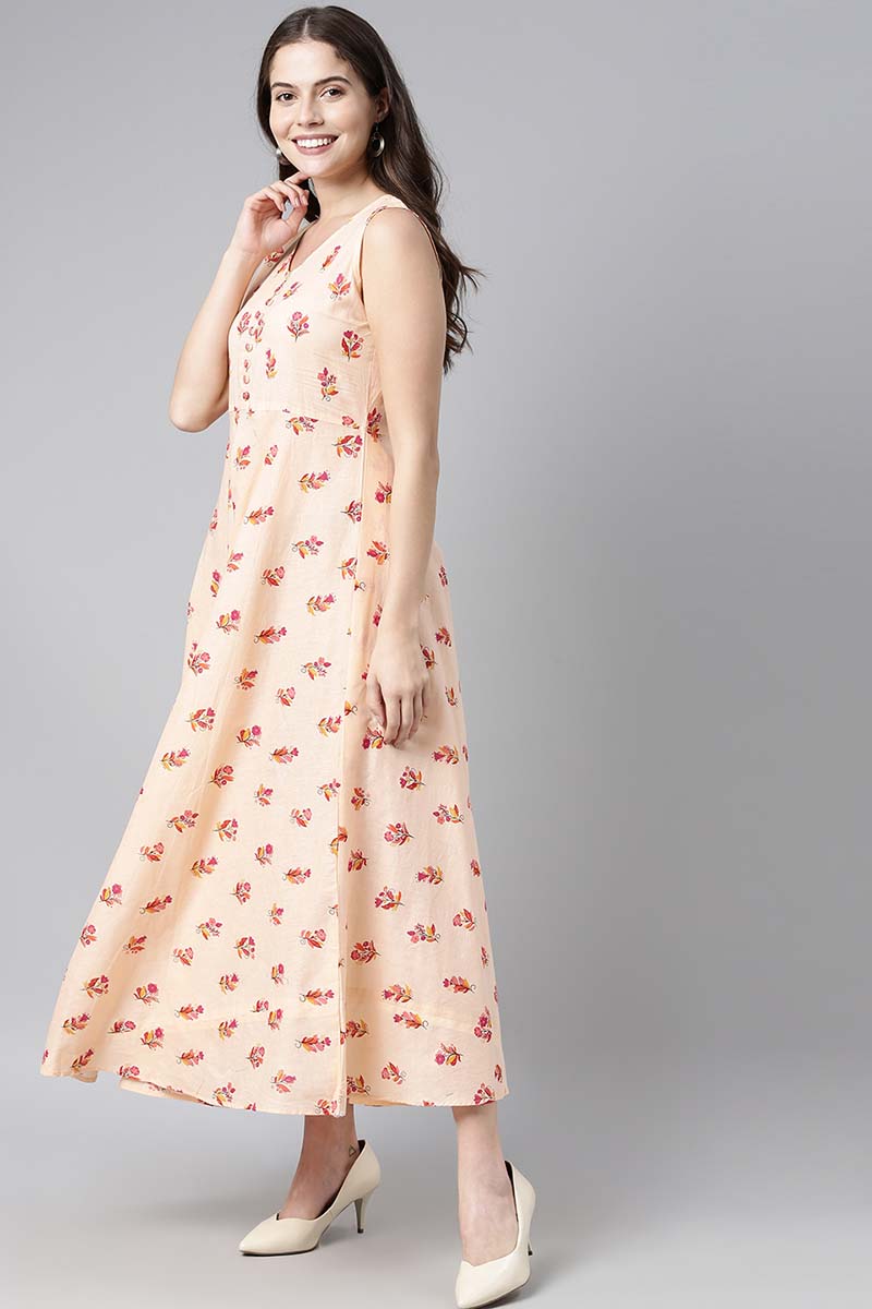 Peach Pure Cotton Floral Printed Maxi Dress VD1023 | DesiQlo