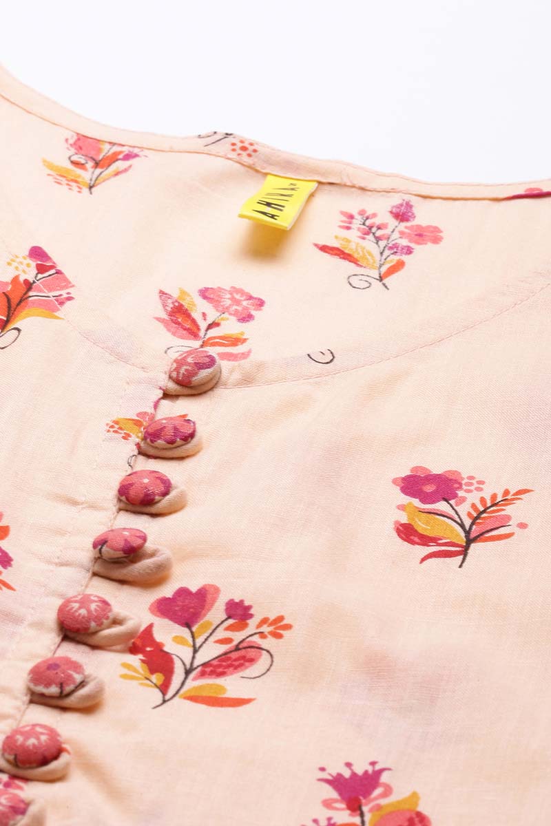 Peach Pure Cotton Floral Printed Maxi Dress VD1023 | DesiQlo