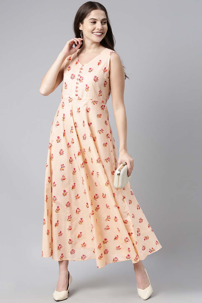 Peach Pure Cotton Floral Printed Maxi Dress VD1023 | DesiQlo