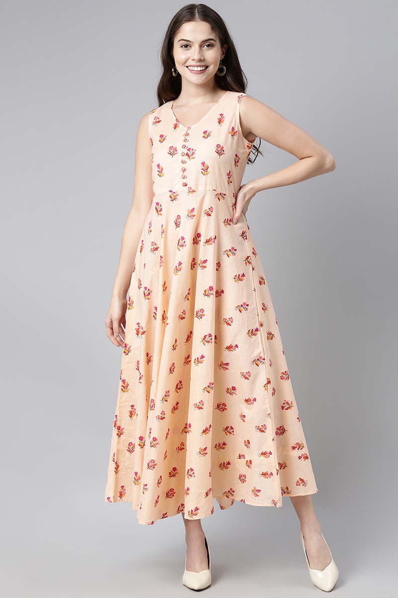 Peach Pure Cotton Floral Printed Maxi Dress VD1023 | DesiQlo