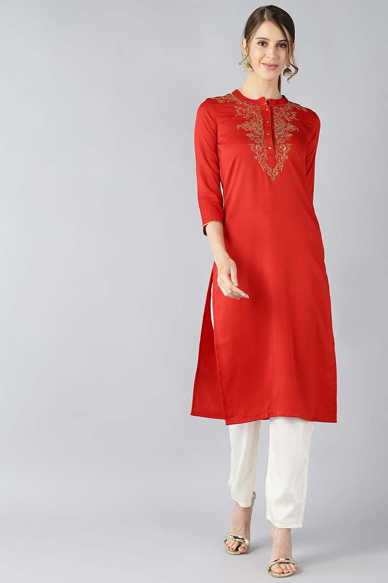 Red Viscose Rayon Solid Straight Embroidered Kurti VEK1016E