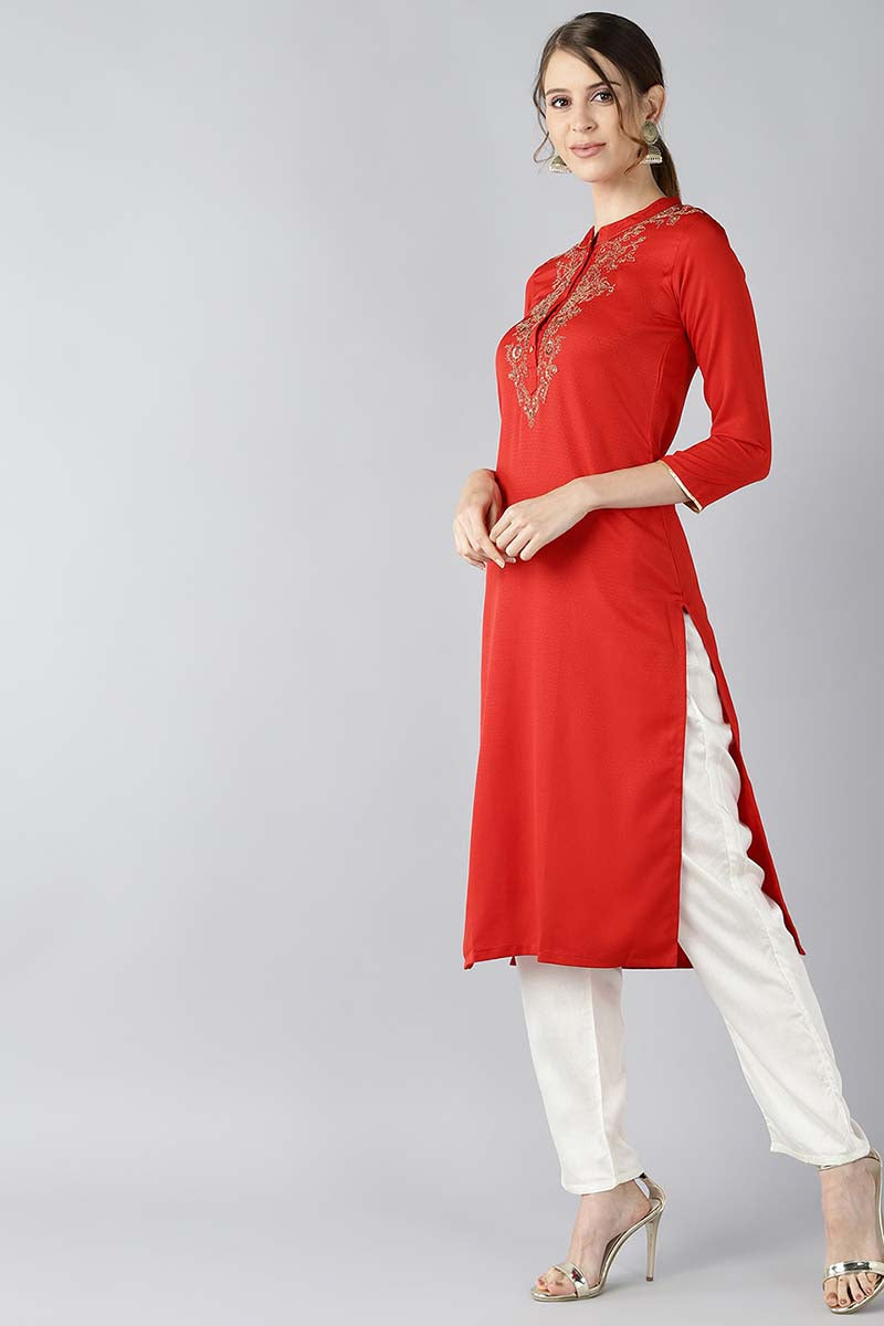 Red Viscose Rayon Solid Straight Embroidered Kurti VEK1016E