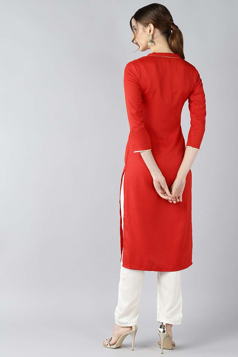 Red Viscose Rayon Solid Straight Embroidered Kurti VEK1016E