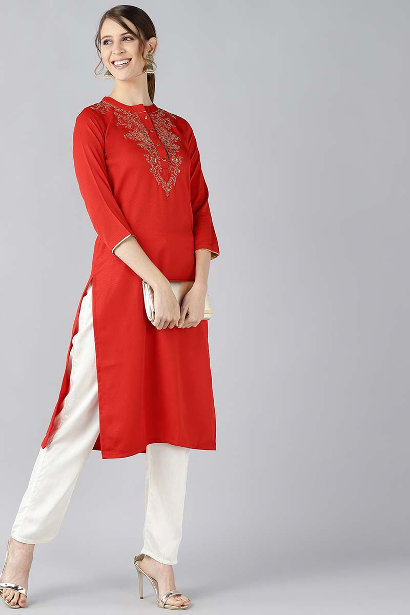 Red Viscose Rayon Solid Straight Embroidered Kurti VEK1016E