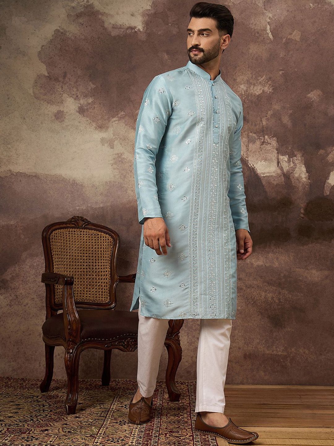 Ethnic Bay Men Blue Silk Blend Solid Embroidered Straight Kurta With Pant Set-MKSET1365