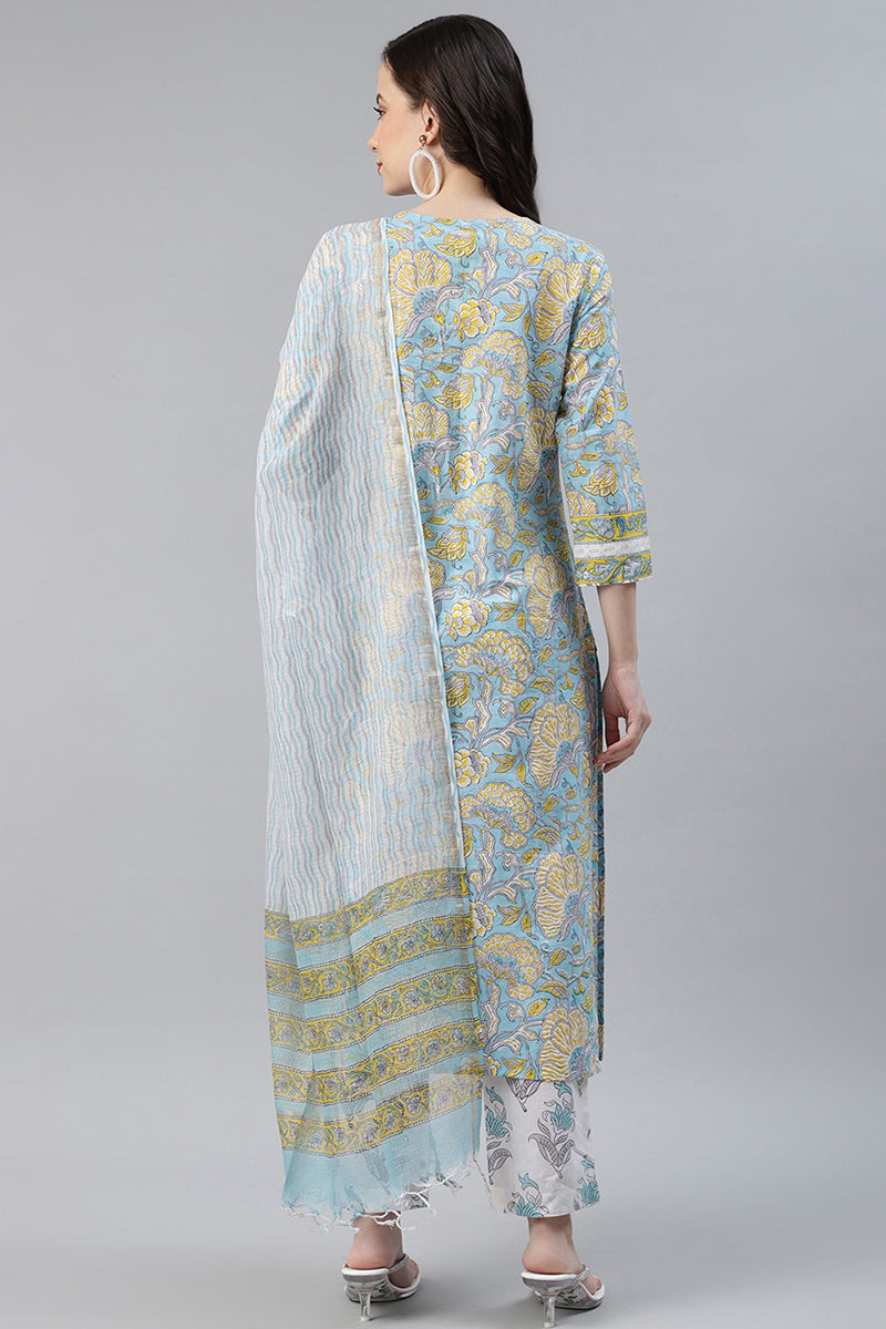 Women Cotton Turquoise Blue Ethnic Motif Printed Straight Kurta Palazzo Dupatta Set VKSKD1101