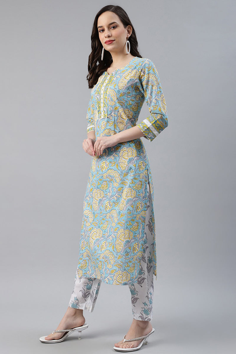 Women Cotton Turquoise Blue Ethnic Motif Printed Straight Kurta Palazzo Dupatta Set VKSKD1101