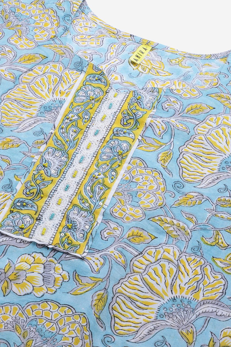 Women Cotton Turquoise Blue Ethnic Motif Printed Straight Kurta Palazzo Dupatta Set VKSKD1101