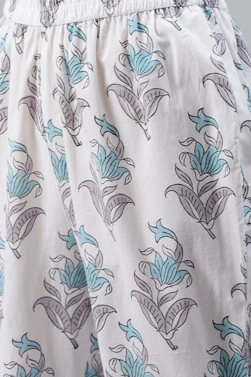 Women Cotton Turquoise Blue Ethnic Motif Printed Straight Kurta Palazzo Dupatta Set VKSKD1101
