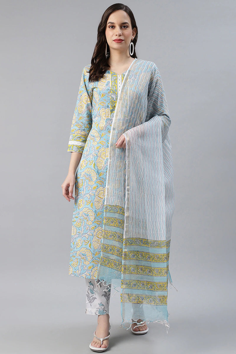 Women Cotton Turquoise Blue Ethnic Motif Printed Straight Kurta Palazzo Dupatta Set VKSKD1101