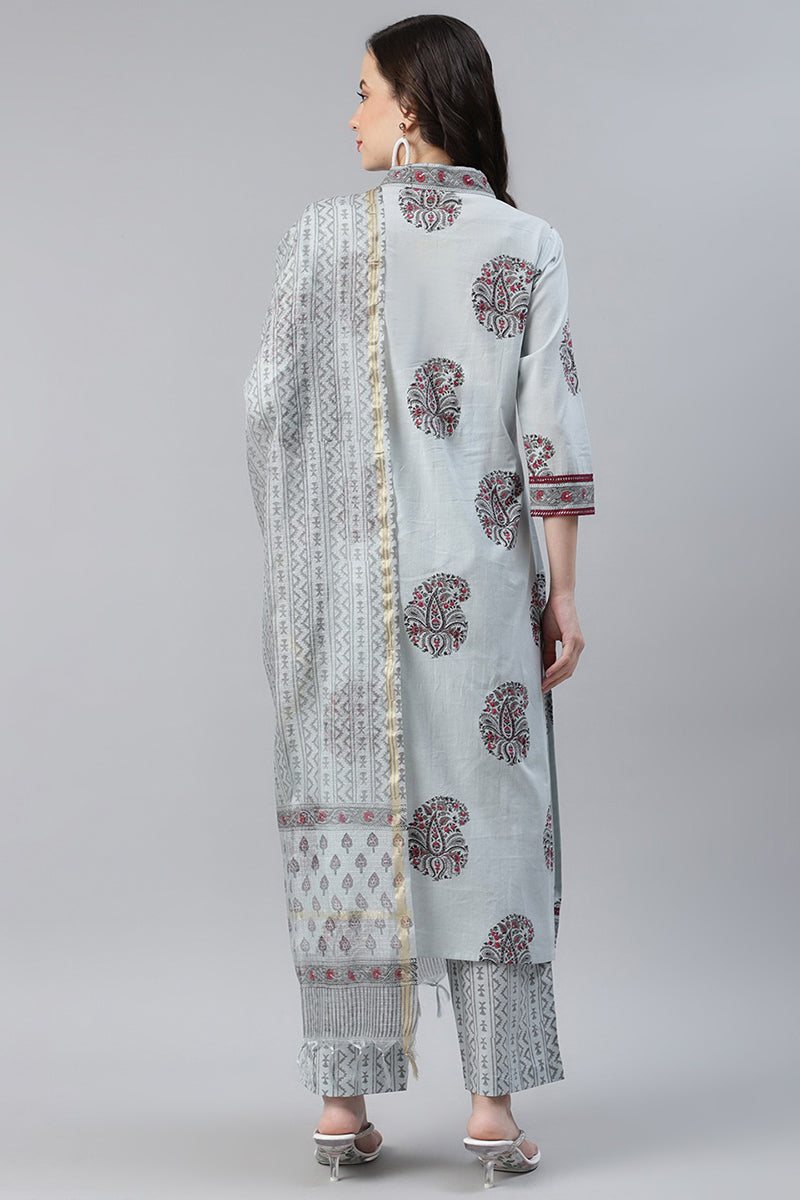 Cotton Grey Paisley Printed Straight Kurta Palazzo Dupatta Set VKSKD11
