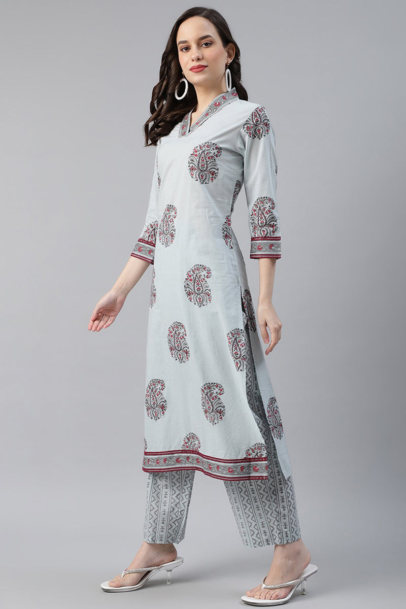 Cotton Grey Paisley Printed Straight Kurta Palazzo Dupatta Set VKSKD11