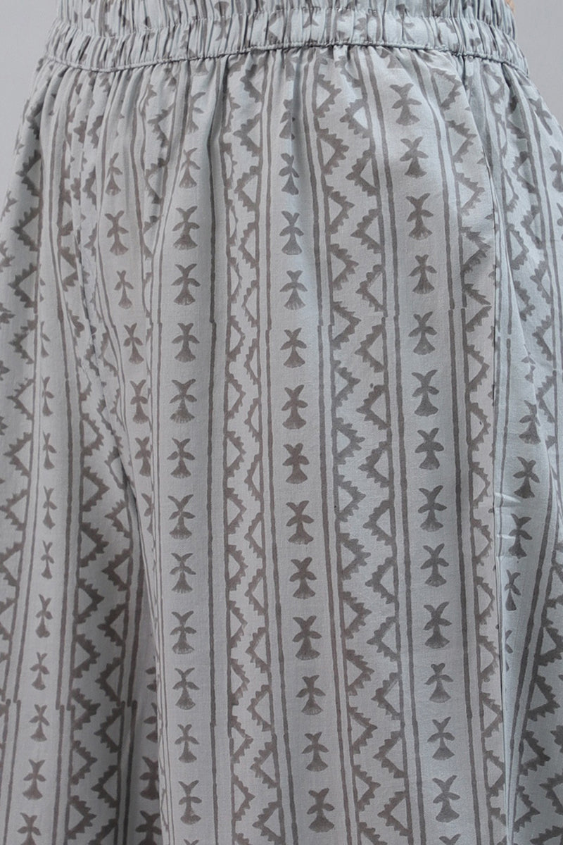 Cotton Grey Paisley Printed Straight Kurta Palazzo Dupatta Set VKSKD11
