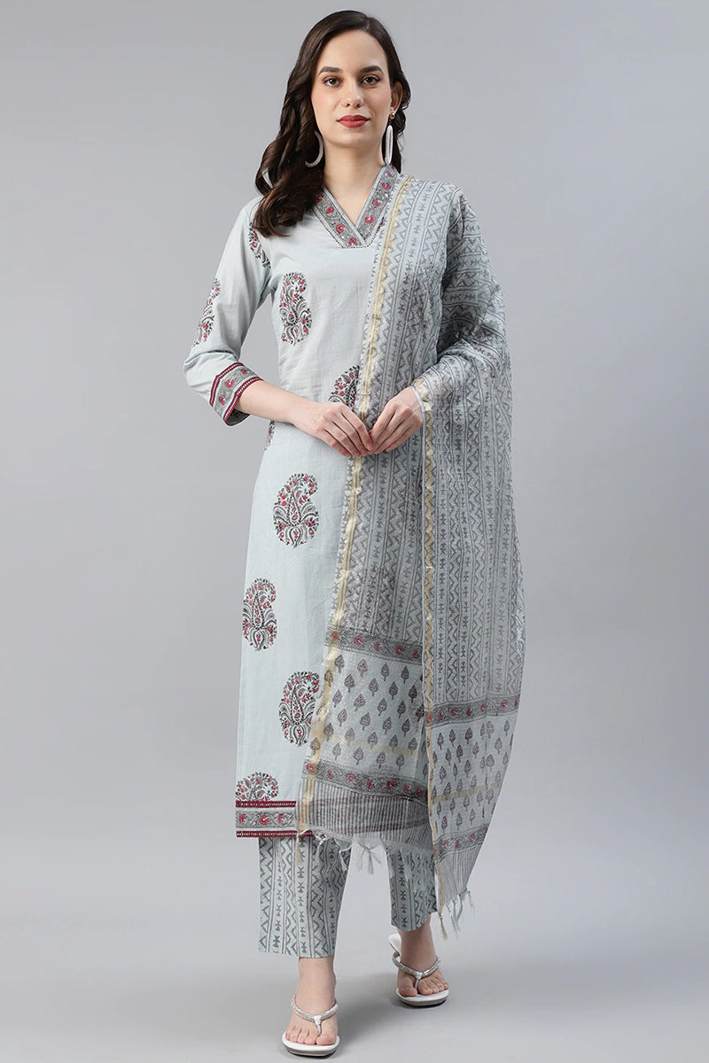 Cotton Grey Paisley Printed Straight Kurta Palazzo Dupatta Set VKSKD11