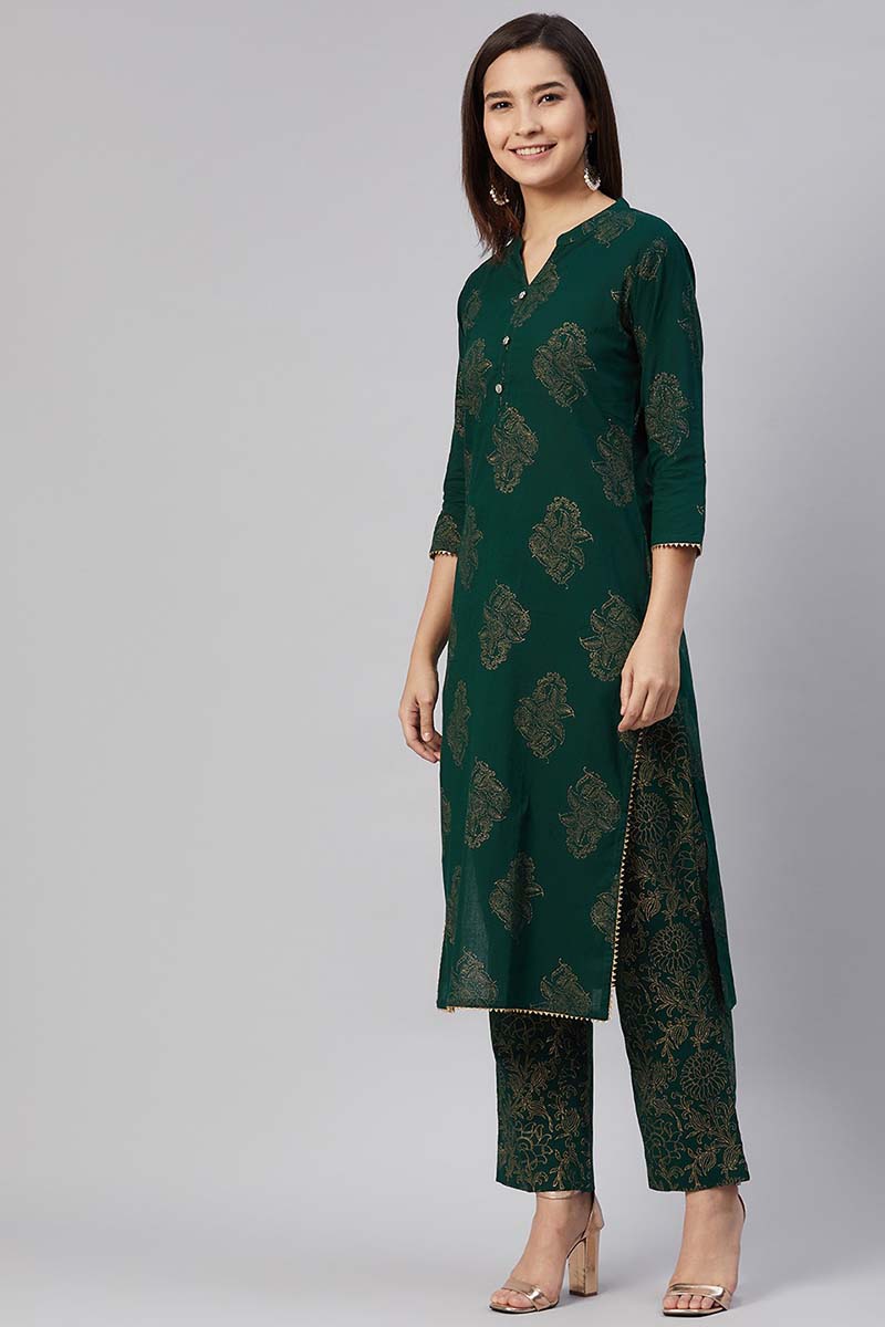 Shop Online Our Green Ethnic Motifs Printed Kurta Set VKSKD1164