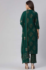 Women Cotton Green Ethnic Motifs Printed Straight Kurta Pant Dupatta Set 