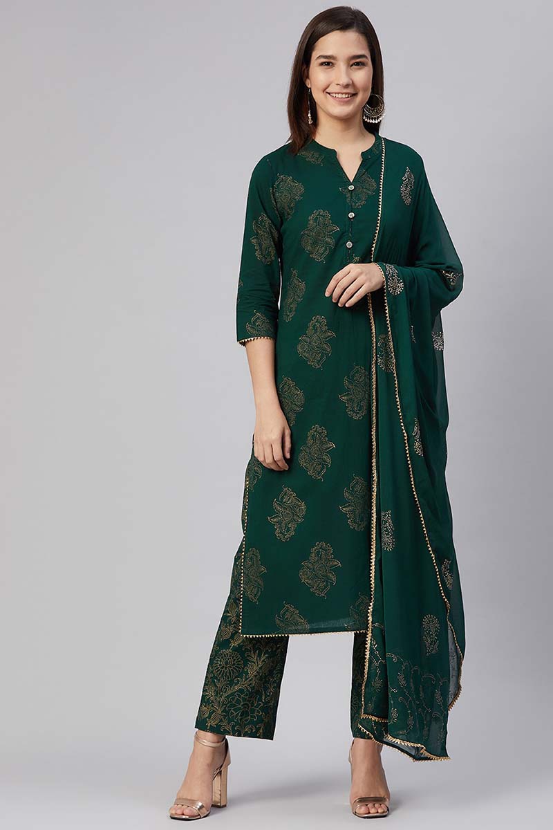 Shop Online Our Green Ethnic Motifs Printed Kurta Set VKSKD1164