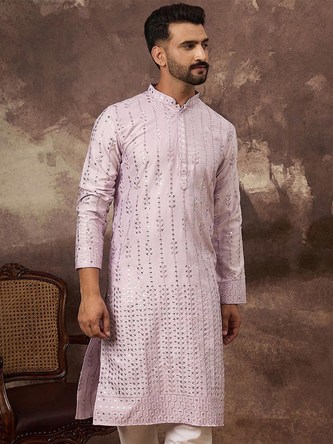 Ethnic Bay Men Lavender Silk Blend Solid Embroidered Straight Kurta With Pant Set-MKSET1359