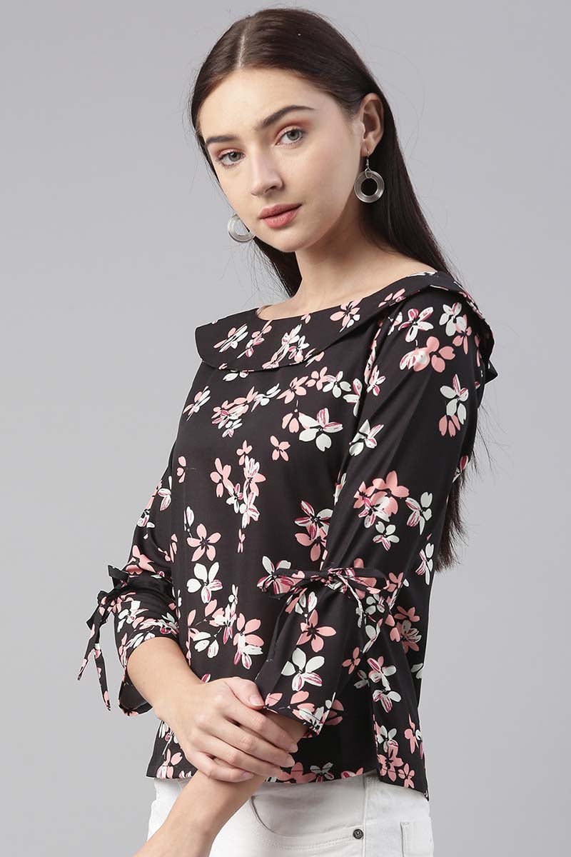 Black Georgette Floral Printed Regular Top VT1024 | DesiQlo