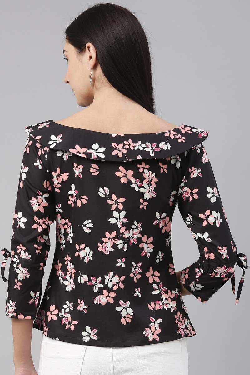 Black Georgette Floral Printed Regular Top VT1024 | DesiQlo