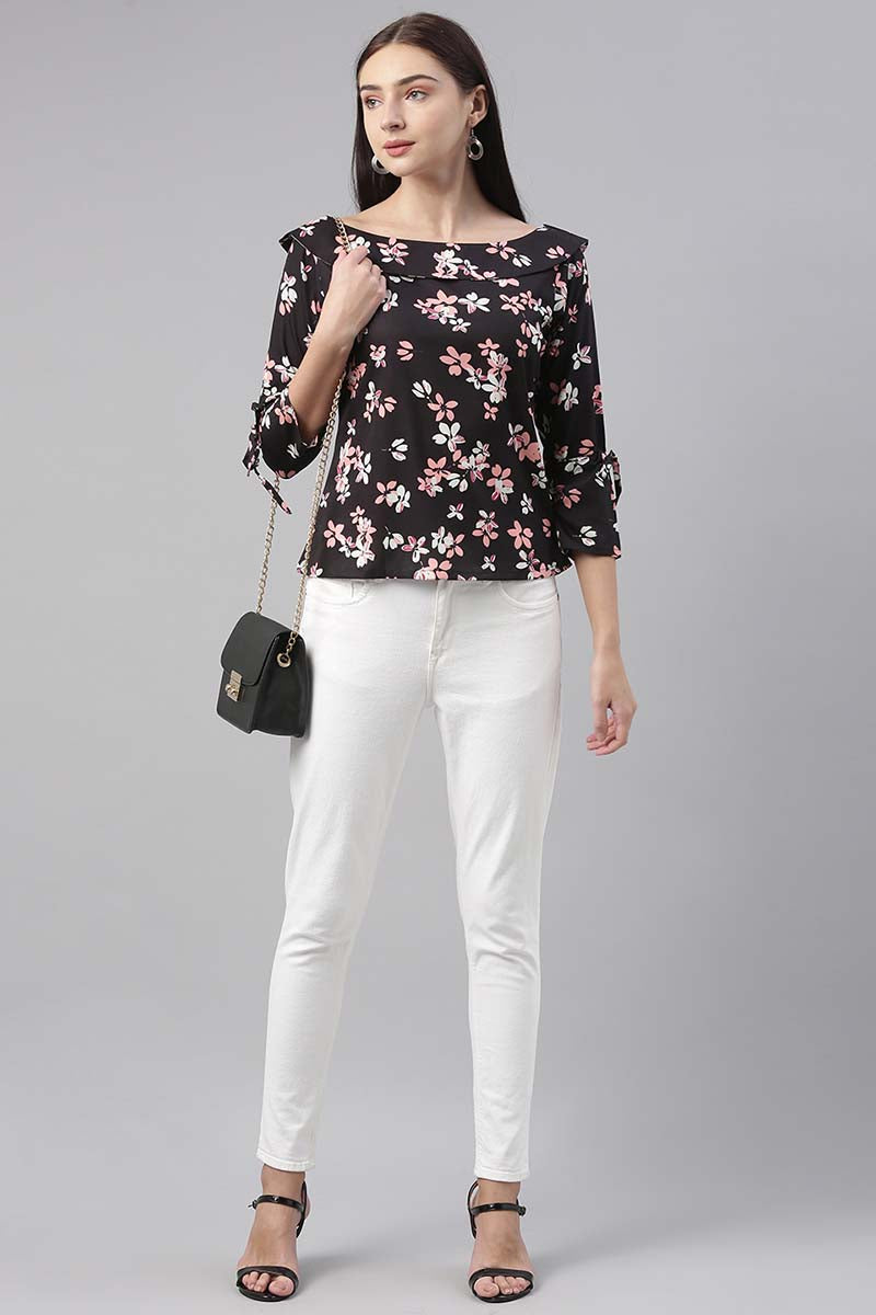 Black Georgette Floral Printed Regular Top VT1024 | DesiQlo