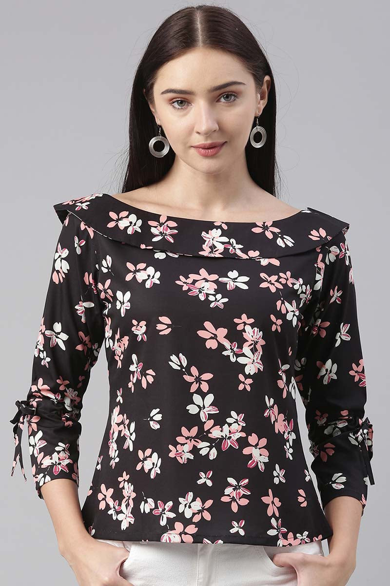 Black Georgette Floral Printed Regular Top VT1024 | DesiQlo