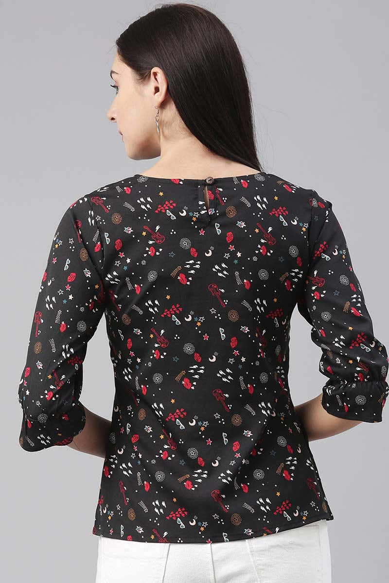Black Poly Crepe Conversational Printed Regular Top VT1025 | DesiQlo