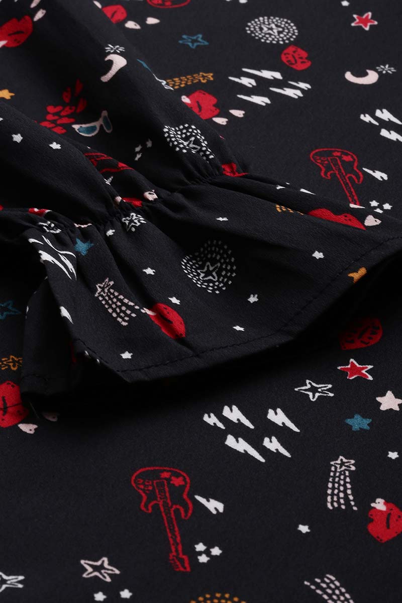 Black Poly Crepe Conversational Printed Regular Top VT1025 | DesiQlo