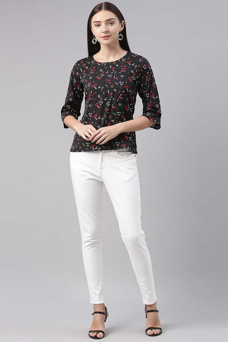 Black Poly Crepe Conversational Printed Regular Top VT1025 | DesiQlo
