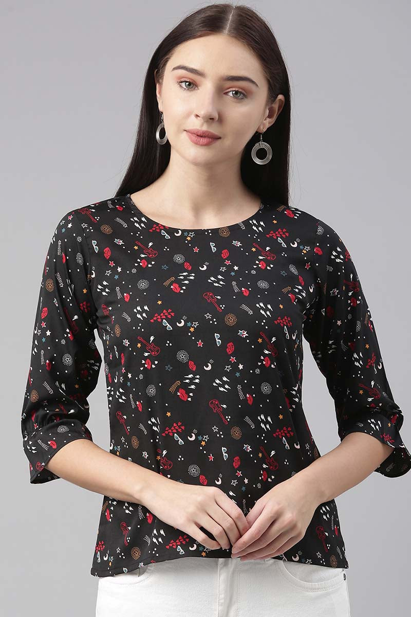 Black Poly Crepe Conversational Printed Regular Top VT1025 | DesiQlo