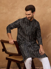 Ethnic Bay Men Black Silk Blend Geometric Printed Straight Kurta With Pant Set-MKSET1516