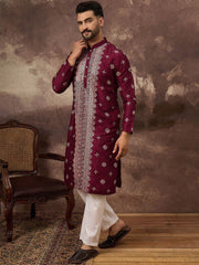 Ethnic Bay Men Maroon Silk Blend Solid Embroidered Straight Kurta With Pant Set-MKSET1369
