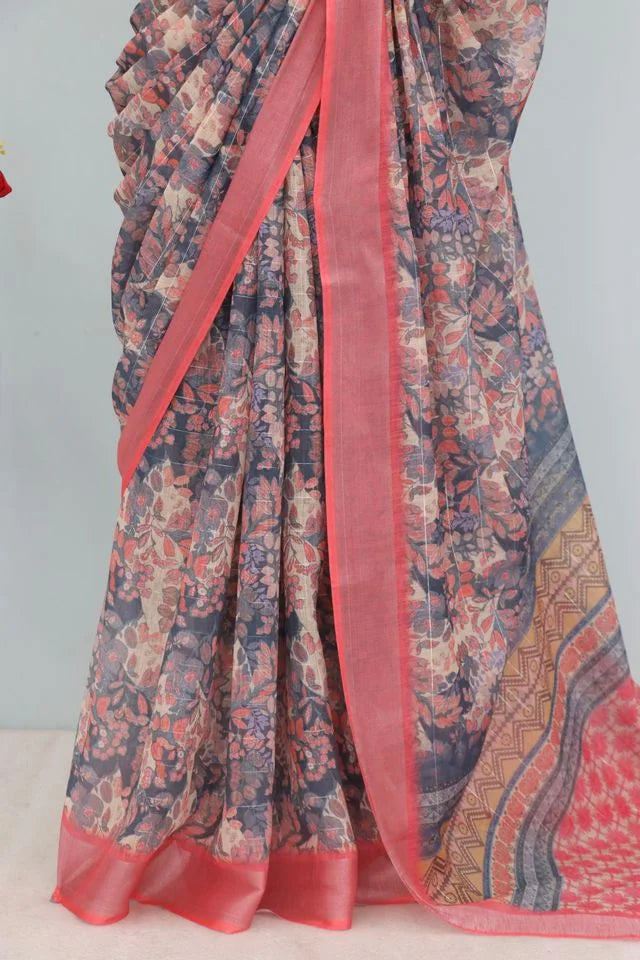 Linen Digital Print Orange Saree With Unstiched Blouse Piece