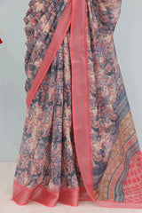 Linen Digital Print Orange Saree With Unstiched Blouse Piece-MPHL-03-ORANGE