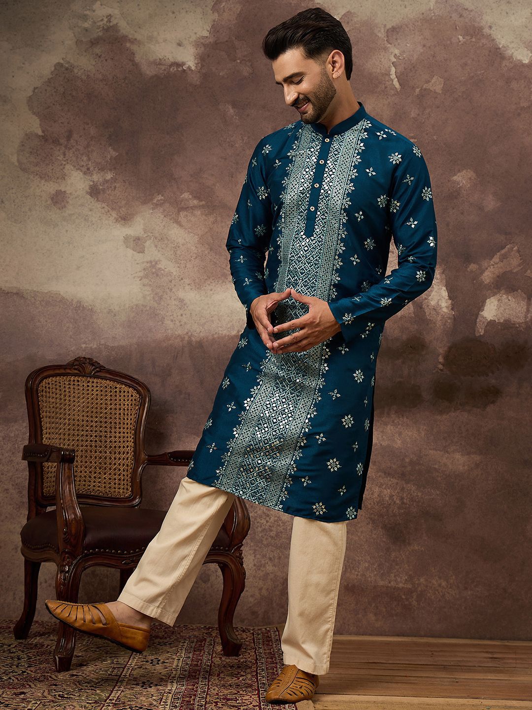 Ethnic Bay Men Blue Silk Blend Solid Embroidered Straight Kurta With Pant Set-MKSET1371