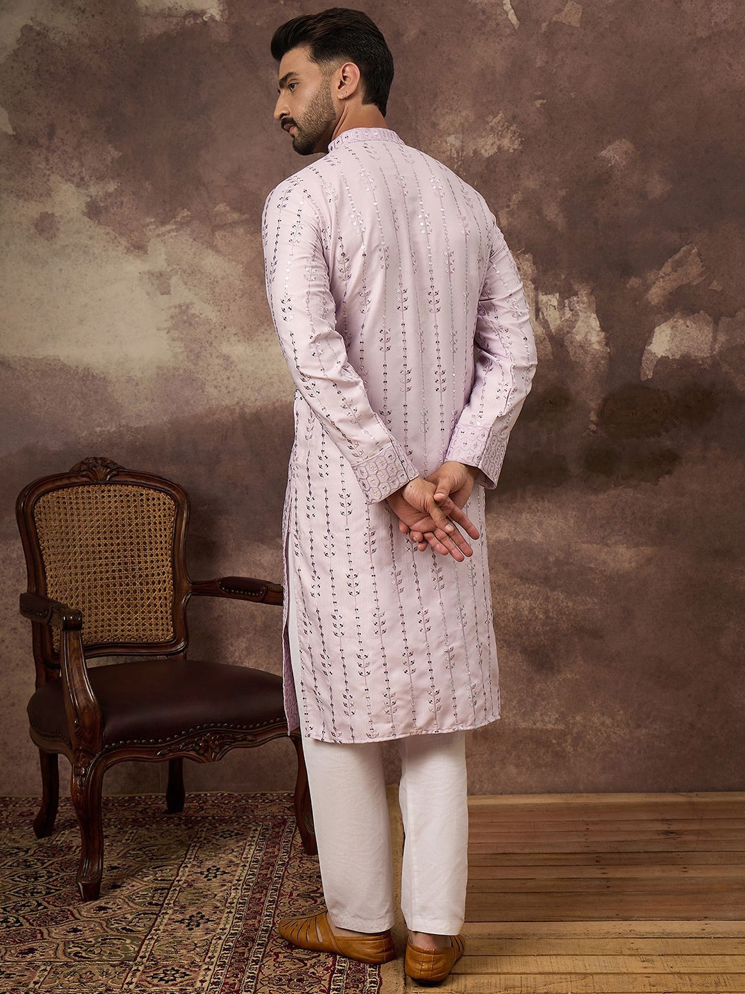 Ethnic Bay Men Lavender Silk Blend Solid Embroidered Straight Kurta With Pant Set-MKSET1359