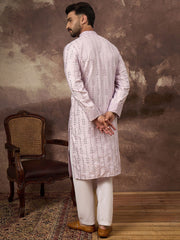 Ethnic Bay Men Lavender Silk Blend Solid Embroidered Straight Kurta With Pant Set-MKSET1359