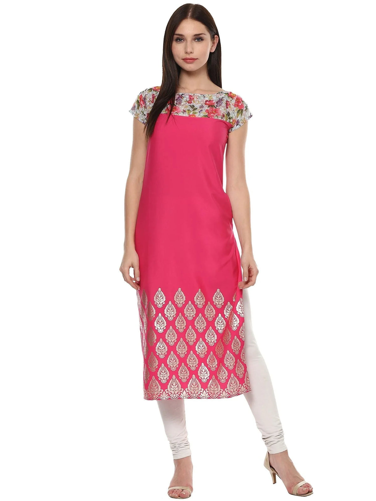 Pink Chanderi Foil Printed Kurta-AHKUCRDF-403