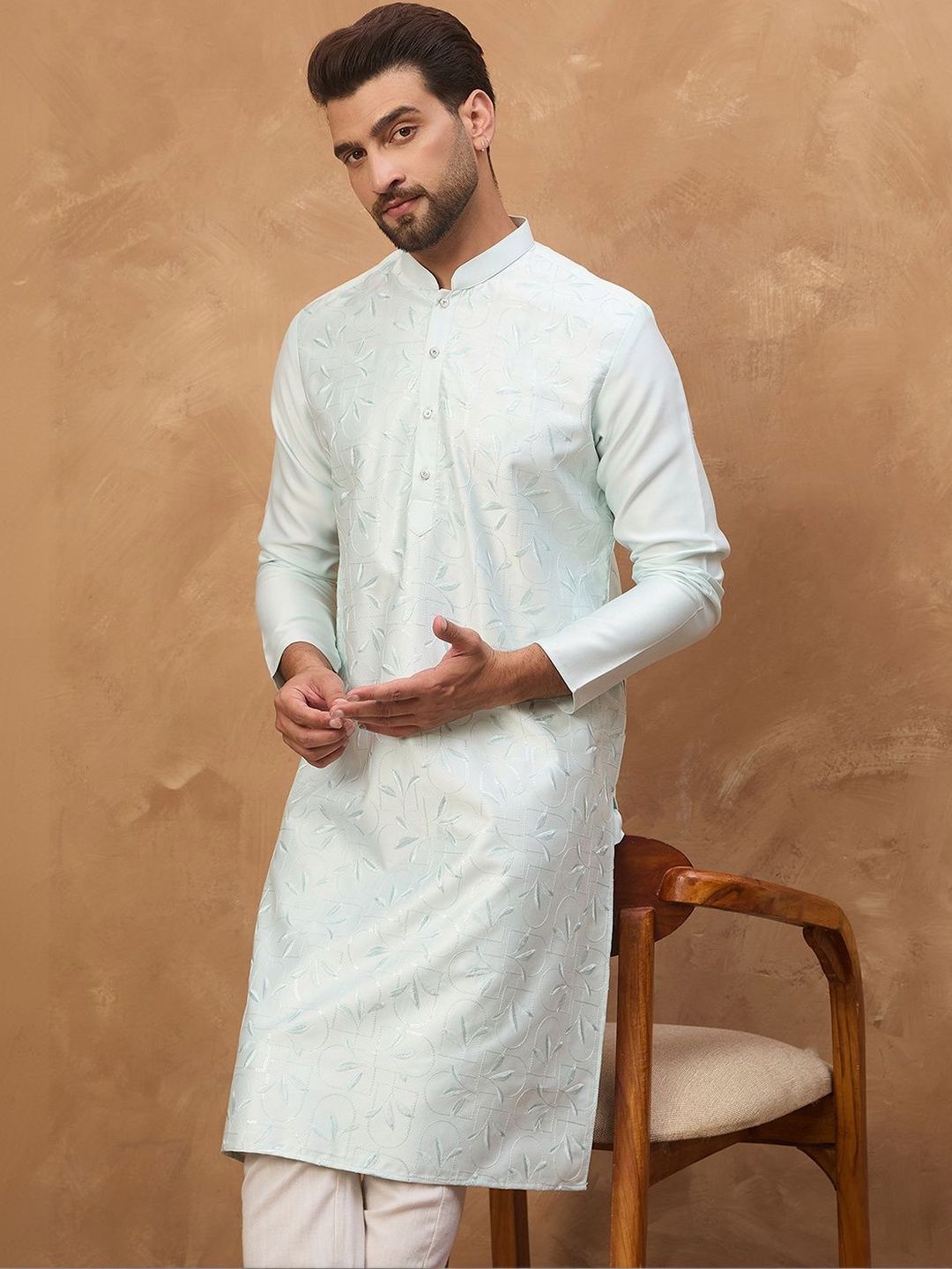 Ethnic Bay Men Blue Silk Blend Solid Embroidered Straight Kurta With Pant Set-MKSET1446