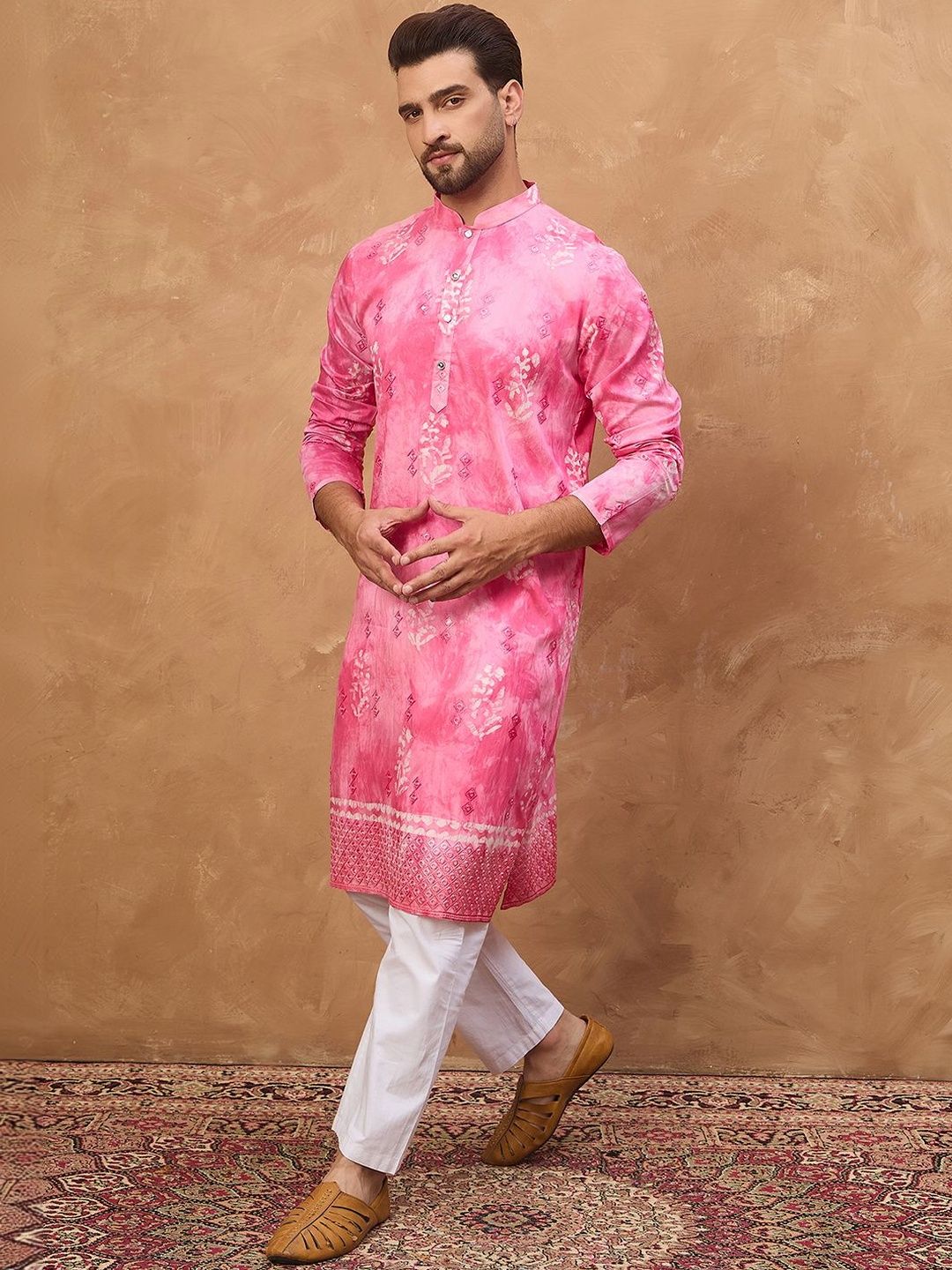Ethnic Bay Men Pink Silk Blend Batik Embroidered Straight Kurta With Pant Set-MKSET1515