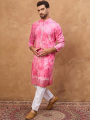 Ethnic Bay Men Pink Silk Blend Batik Embroidered Straight Kurta With Pant Set-MKSET1515
