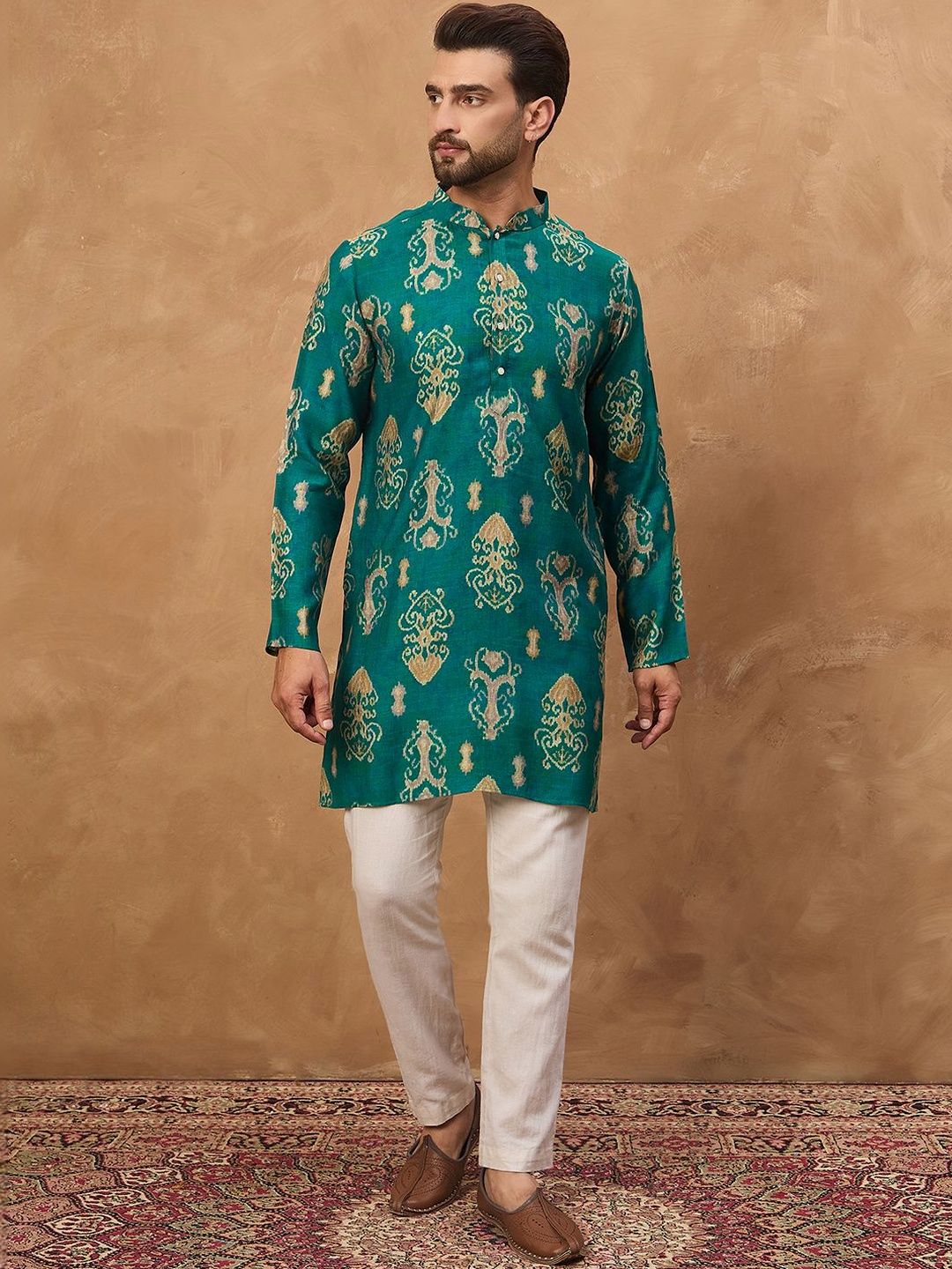 Ethnic Bay Men Blue Viscose Rayon Ikat Printed Straight Kurta With Pant Set-MKSET1546