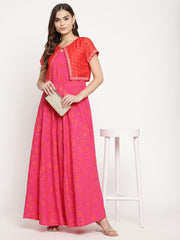Pink & Orange Khari Print Kurta with Jacket-AHDRJK-Combo-391
