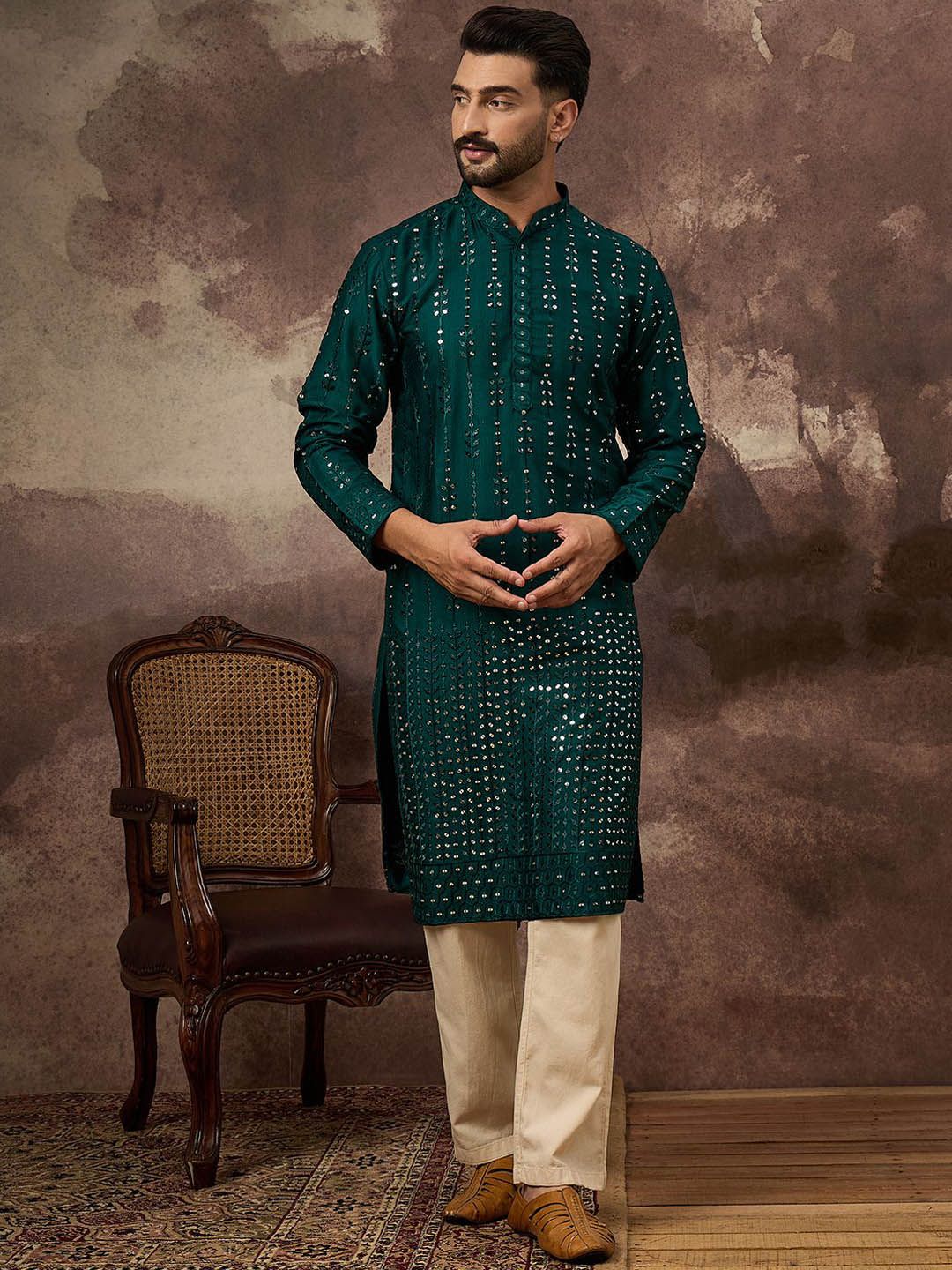 Ethnic Bay Men Teal Silk Blend Solid Embroidered Straight Kurta With Pant Set-MKSET1357