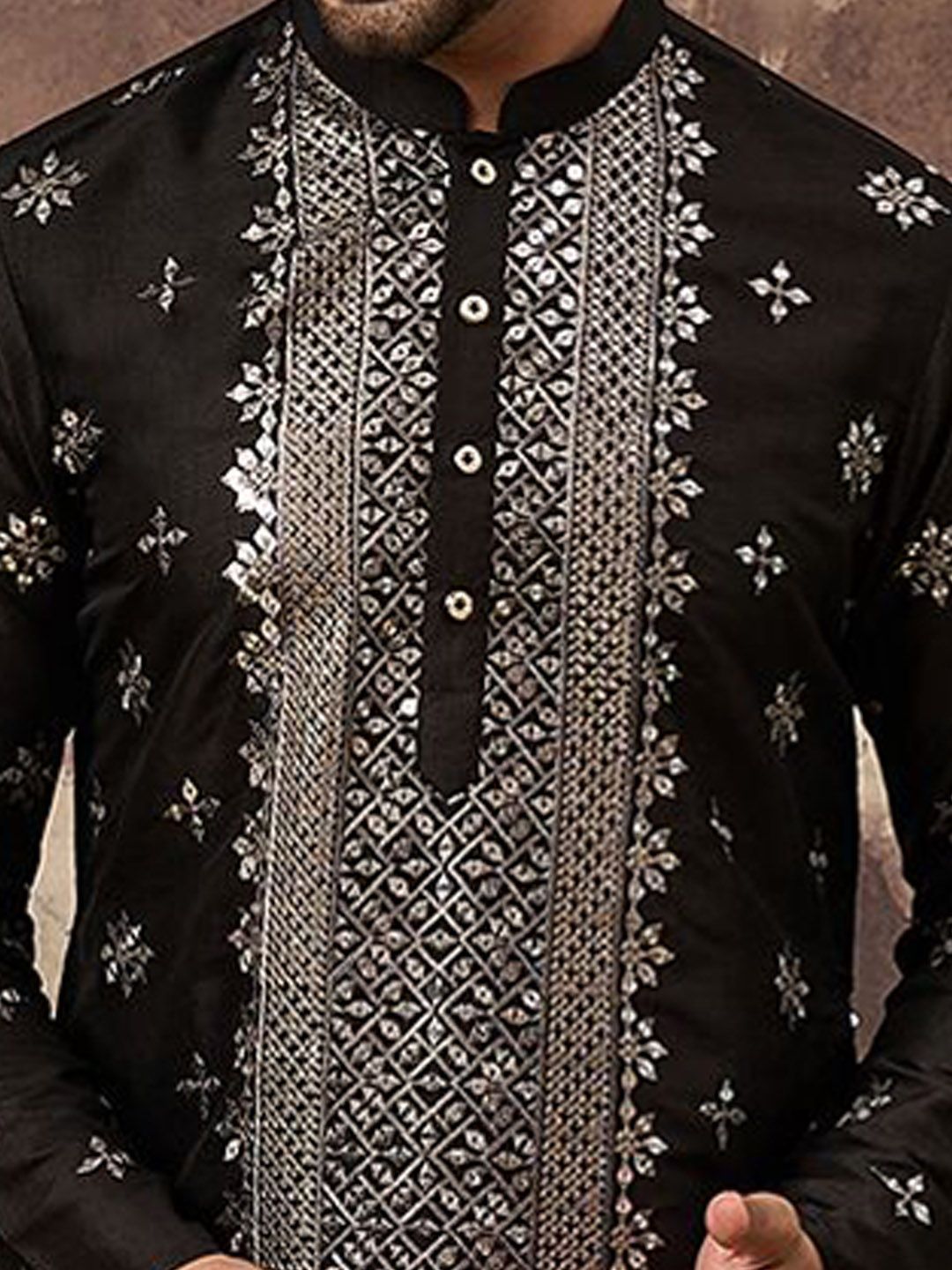 Ethnic Bay Men Black Silk Blend Solid Embroidered Straight Kurta With Pant Set-MKSET1370