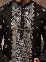 Ethnic Bay Men Black Silk Blend Solid Embroidered Straight Kurta With Pant Set-MKSET1370